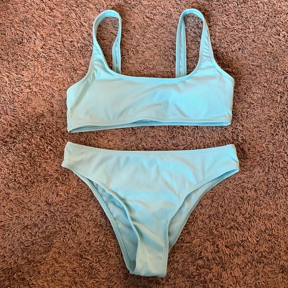 Women’s Juniors Blue Ribbed Knit Minimalist Vacation Lined Swimsuit Bikini Set M